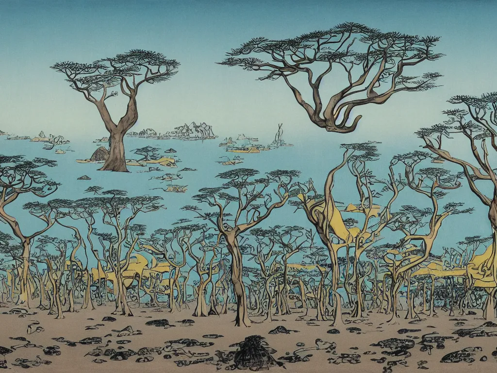 Image similar to Socotra island with baobab trees and sandstorm. Artwork by Yves Tanguy, Hiroshige