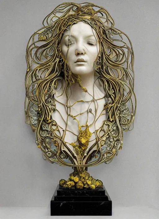 Image similar to marble sculpture of many beautiful woman, oil slick, palladium veins, dripping, mandelbulb, oil, melting, hypercube, ivory carving, fractal paisley inlay, lace, intricate, elegant, highly detailed, gold inlay, metallic, ivory, artgerm, lace, by ruan jia, greg rutkowski, mucha, zbrush, nick alm