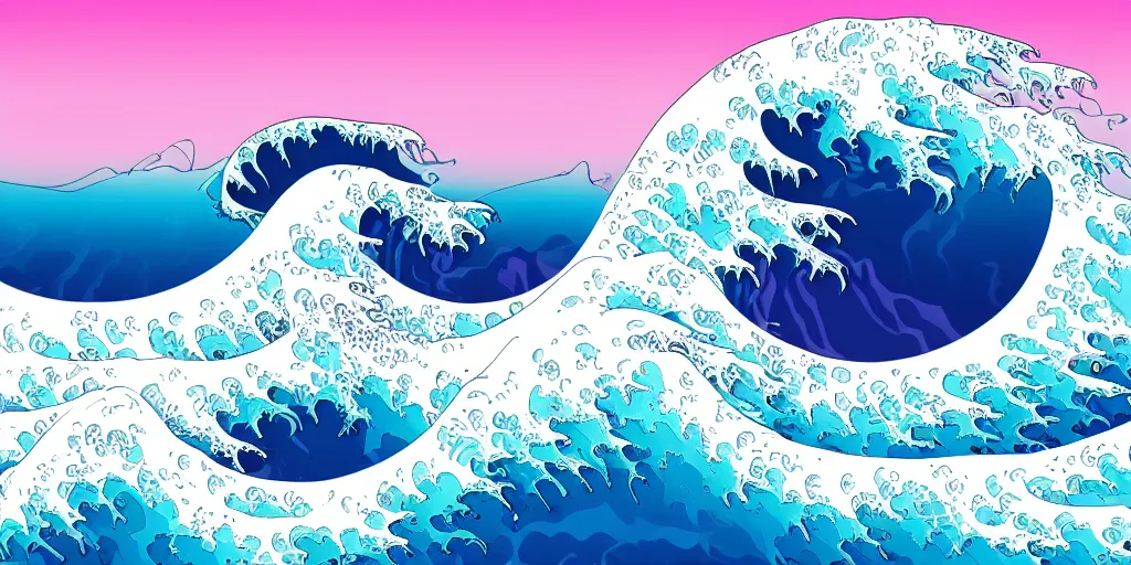 Image similar to blue purple and pink colored ocean waves rolling into the beach in the pattern of the great wave off Kanagawa, high resolution, 8k