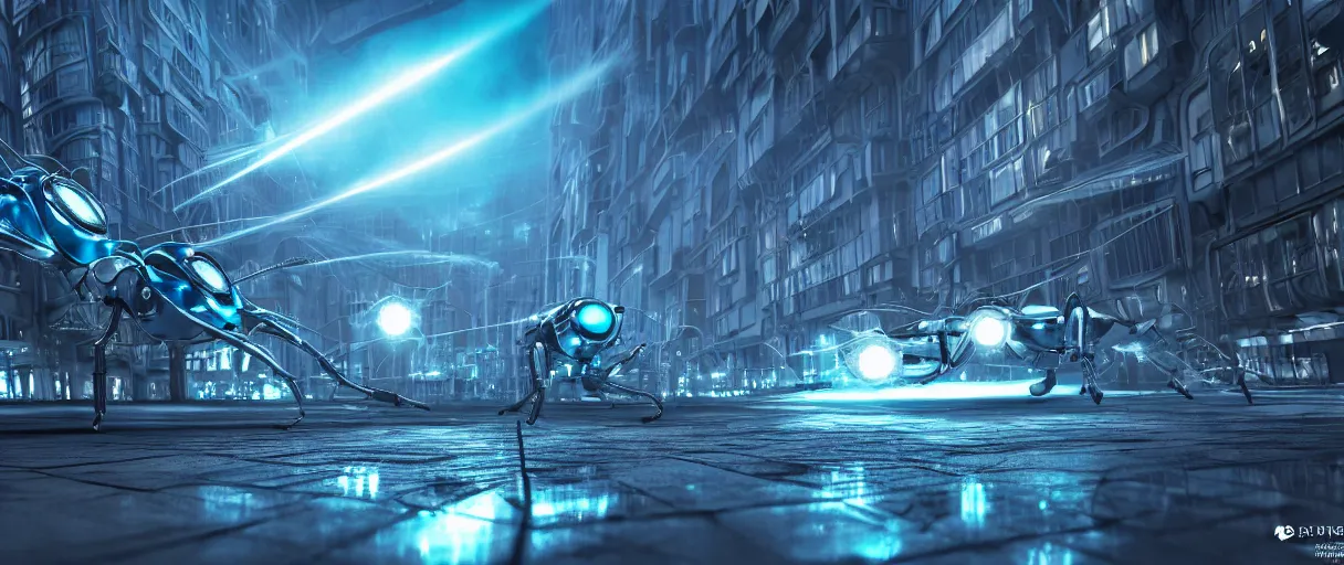 Prompt: silver insect with blue glasses is flying in a futuristic city, dieselpunk style, high detailed, superrealism, octane render, ray tracing, unreal engine, cinematic mode, redshift, hdr, hyperrealist, trending of artstation, optical flare, smart sharpen, global ilumination, ambient oclusion, teal orange color scheme