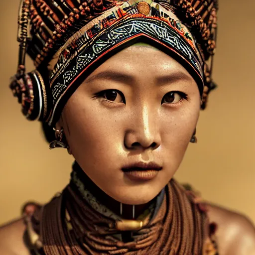 Image similar to vintage portrait of a stunningly beautiful asian tribal female, depth of field, zeiss lens, detailed, symmetrical, centered, fashion photoshoot, by edward s curtis, Annie Leibovitz and Steve McCurry, David Lazar, Jimmy Nelsson, Breathtaking, 8k resolution, extremely detailed, beautiful, establishing shot, artistic, hyperrealistic, beautiful face, octane render