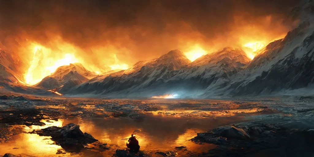 Prompt: alaskan glacier on fire, dim volumetric lighting, 8 k octane beautifully detailed render, post - processing, extremely hyper - detailed, intricate, epic composition, cinematic lighting, masterpiece, trending on artstation, detailed detailed detailed, masterpiece, stunning art by anders zorn, wonderful masterpiece by greg rutkowski, beautiful cinematic light