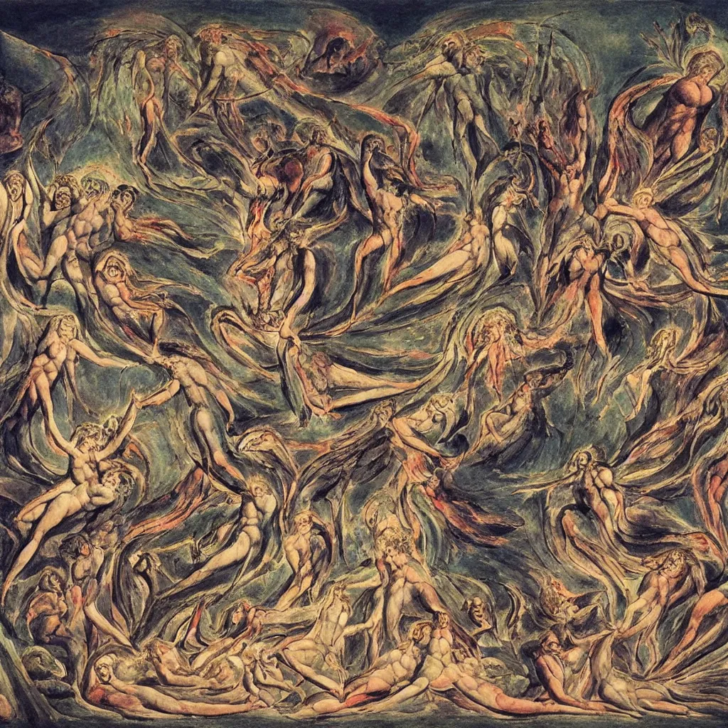 Prompt: apocalyptic rave party with demons and angels dancing, painted by william blake but with a certain psychedelic style, psychdelic and cosmic art