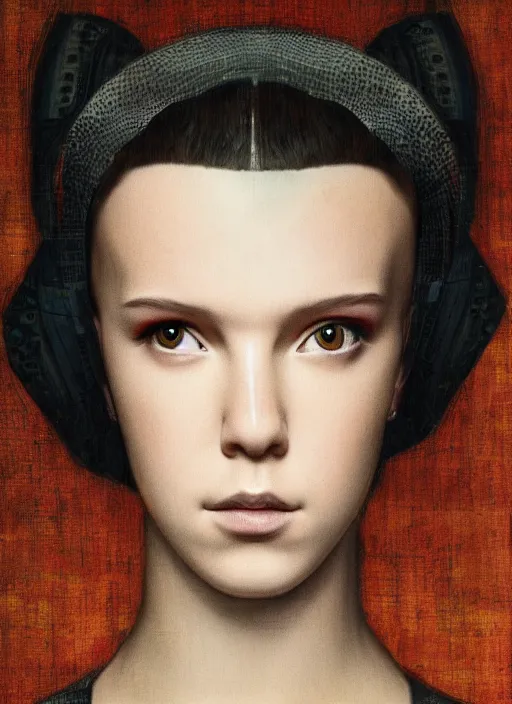 Image similar to Portrait of cyberpunk Millie Bobby Brown by Leonardi Da Vinci