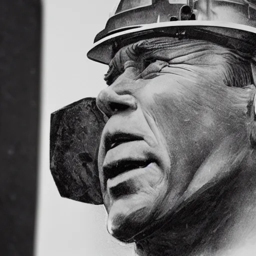 Prompt: Joe Biden as a coal miner, high detail, portrait, close up, dirty, hard hat, smear, smudge, grit