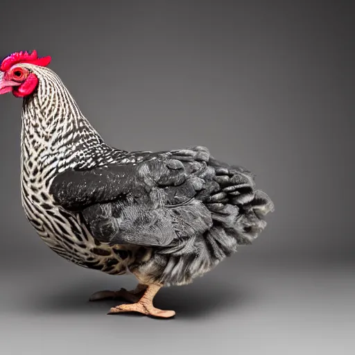 Prompt: wide shot of a cute!!! barred Plymouth Rock chicken, studio!! Portrait lighting, spotted with small white hearts!!