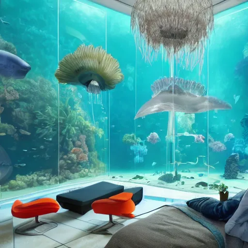 Image similar to the realistic photo of the modern fashionable room as aquarium with a chandelier as a big jellyfish, beautiful corals on the walls and dangerous sharks on the big panoramic window, a lot of gleans, under the ocean, realistic colors, realistic shadows, daylight made in blender and cinema 4 d, hd, 3 d by beeple and by greg rutkowski