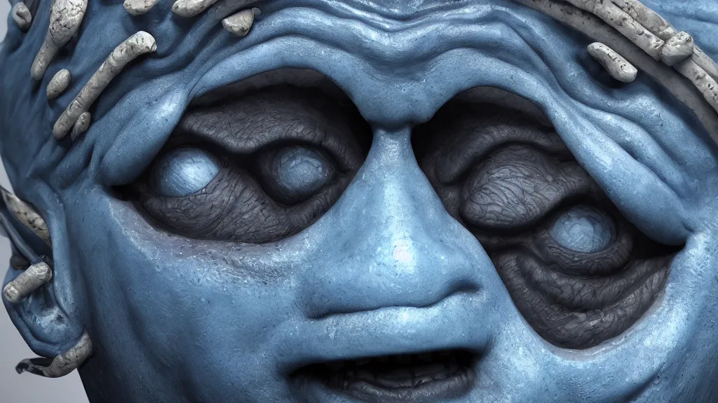 Image similar to a photorealistic dramatic hyperrealistic blue japanese oni mask, ultra realistic details, cinematic atmosphere, global illumination, shadows, octane render, 8 k