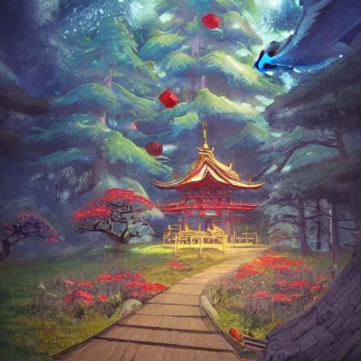 Image similar to a beautiful painting of detailed japanese treehouse shrine, breath of the wild, hyrule, inspired by cyril rolando, david wiesner, ornate, intricate, emitting light ornaments, volumetric lighting, cgsociety, alizarin red, brick red