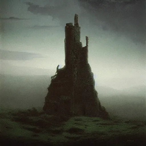 Prompt: ruined tower atop a hill, painting, john martin, Zdzisław Beksiński, masterpiece, landscape, moody, atmospheric