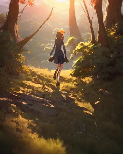 Prompt: a girl on a hike, sexy outfit, medium shot, visible face, detailed, perfectly shaded body, perfectly shaded face, atmospheric lighting, by makoto shinkai, stanley artgerm lau, wlop, rossdraws
