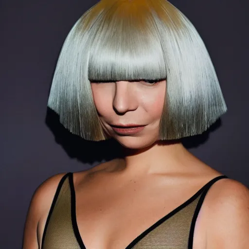 Image similar to sia furler wearing a skin colored leotard full body artistic photoshoot