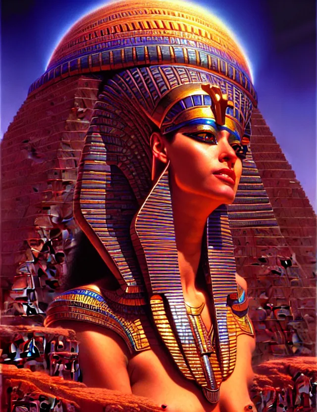 Prompt: egyptian goddess merging with a. i., tim hildebrandt, wayne barlowe, bruce pennington, donato giancola, trending on artstation, cinematic composition, beautiful lighting, hyper detailed, 8 k, oil on canvas