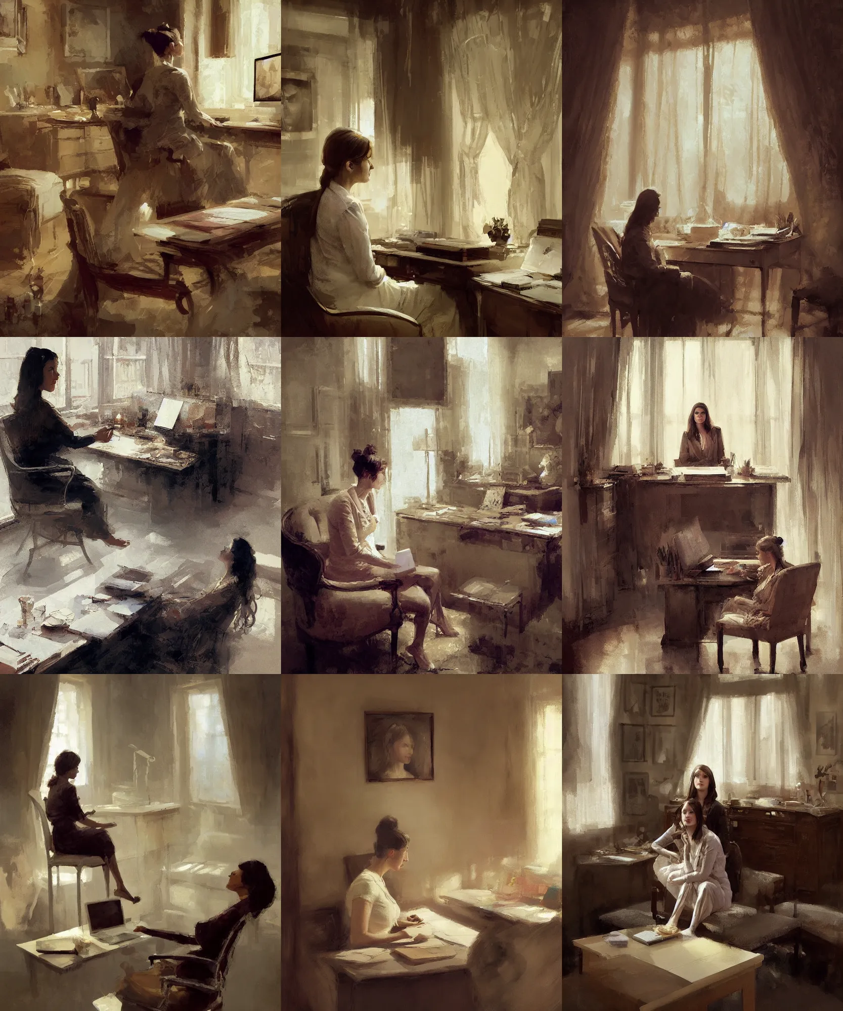Prompt: digital art painting of a 3 0 years old woman, psychoanalyst, seated on her desk, comfort looking room and a divan painted by craig mullins and gaston bussiere and greg rutkowski, symmetrical face, defined facial features, symmetrical facial features, dramatic lighting