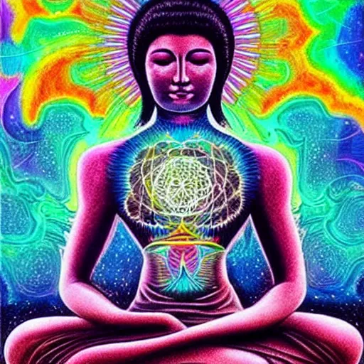 Image similar to human meditating supreme peace immense knowledge infinite color dmt art