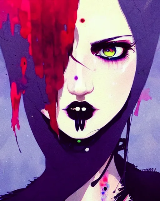 Image similar to close up, captivating, memorable, a ultradetailed beautiful photo of a unique woman wearing a hippy goth outfit standing too too too close, staring at you by conrad roset, greg rutkowski and makoto shinkai trending on artstation