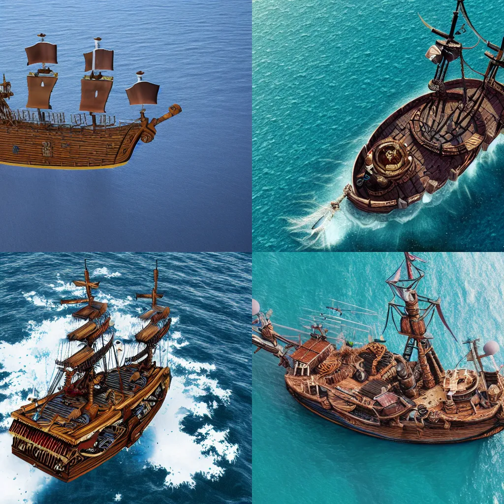 Prompt: Aerial View Of A Pirate Ship, 4K, Photorealistic