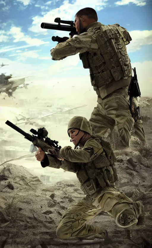 Image similar to sniper shot, trading card front, future soldier clothing, future combat gear, realistic anatomy, war photo, professional, by ufotable anime studio, green screen, volumetric lights, stunning, military camp in the background, metal hard surfaces, generate realistic face, strafing attack plane, pretty eyes