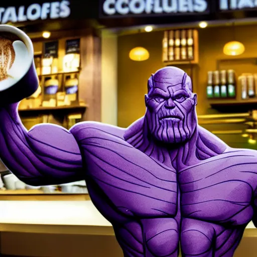 Prompt: thanos working at starbucks, hyperdetailed