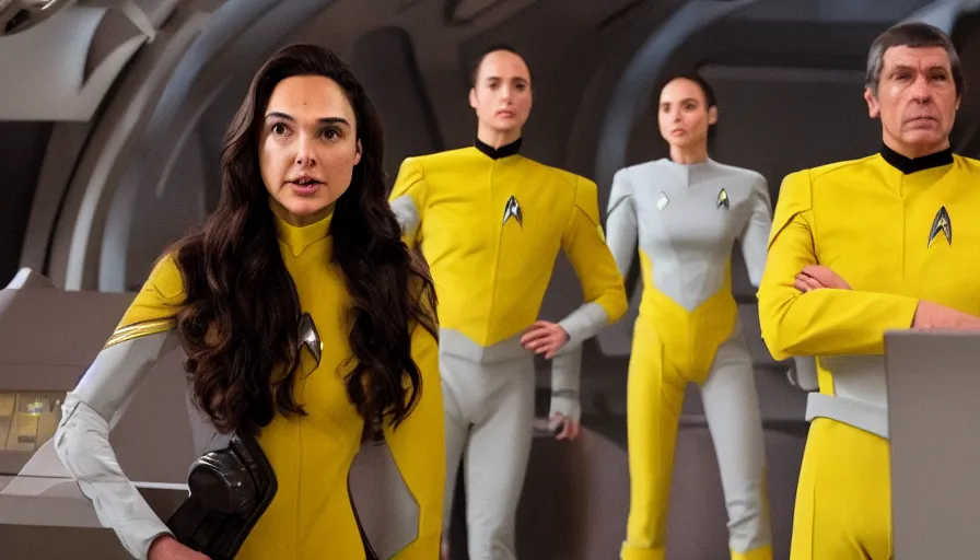 Image similar to Gal Gadot, wearing a yellow uniform, is the captain of the starship Enterprise in the new Star Trek movie