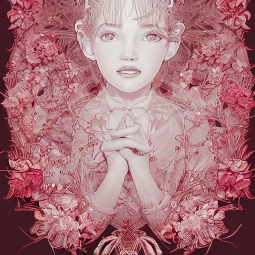 Image similar to the portrait of an absurdly beautiful, graceful, elegant, sophisticated, fashionable little girl made of strawberries and white petals looking down, an ultrafine hyperdetailed illustration by kim jung gi, irakli nadar, intricate linework, bright colors, octopath traveler, final fantasy, unreal engine 5 highly rendered, global illumination, radiant light, detailed and intricate environment