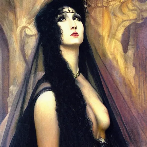 Image similar to oil painting of princess Vulvine, Hungarian, curly dark hair, fair skin, funeral veil, dark ominous by Georgia o Keeffe, by Marcel Jankowicz, Paul Ruben's, by Gustave Moreau, concept art, master, realism, romantism