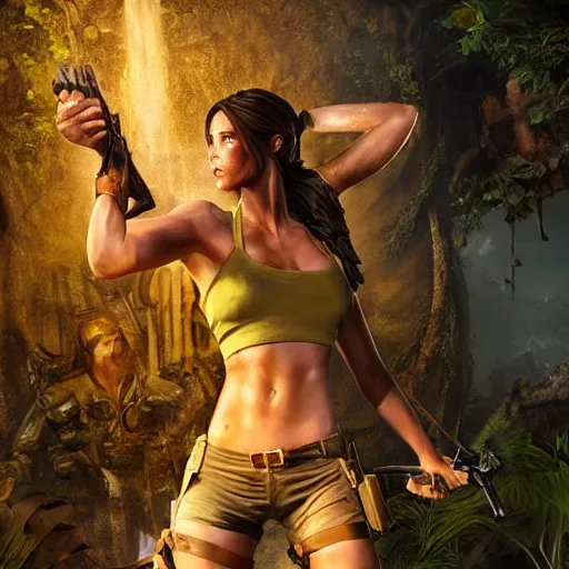 Image similar to lara croft in jungle temple setting, behind her in the background a huge statue of some unknown deity carved in to the face of wall, atmospheric lighting, painted, intricate, volumetric lighting, beautiful, golden hour, sharp focus, ultra detailed, by leesha hannigan, ross tran, thierry doizon, kai carpenter, ignacio fernandez rios
