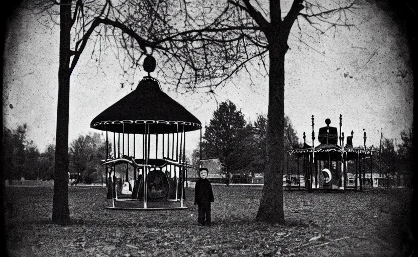 Prompt: a old daguerreotype photo of the slender man, standing still, waiting next to a merry go round in a kids park, grainy, old photo, golden ratio, scary, horror photography, 5 0 mm lens, f 1. 8