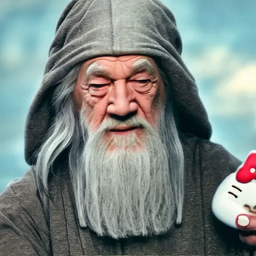 Prompt: portraid of happy gandalf wearing a Hello Kitty costume, holding a blank playing card up to the camera, movie still from the lord of the rings