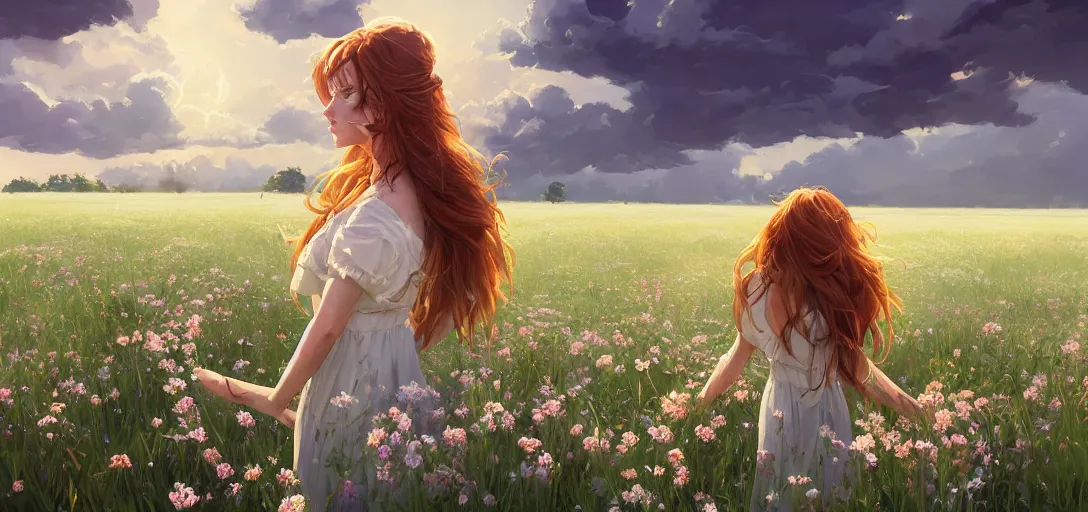 Image similar to a beautiful southern woman named Savannah, innocent, somber turquoise eyes, freckles, long ginger hair tied with white ribbon, relaxed in a field of flowers on a farm, gentle lighting, storm in the distance, western clothing, dress, digital art by Makoto Shinkai ilya kuvshinov and Wojtek Fus, digital art, concept art,