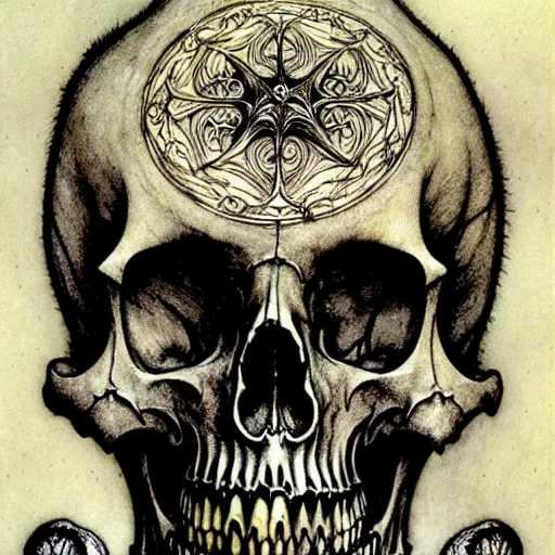 Prompt: memento mori by arthur rackham, detailed, art nouveau, gothic, ornately ornamented beautiful skull, intricately carved antique bone, skulls, botanicals, horizontal symmetry