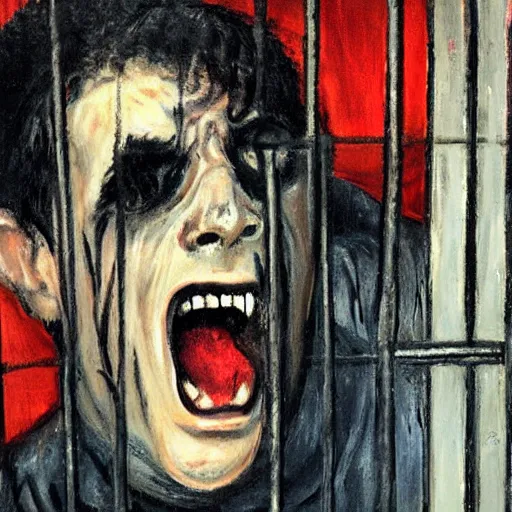 Prompt: a screaming prisoner holding prison bars, expressionism
