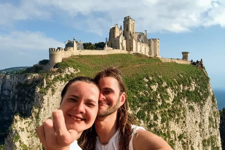 Image similar to selfie from a mobile phone of jesus and mary magdalene standing on a cliff looking over a beautiful landscape with castles in france, award winning photo, very detailed, very realistic