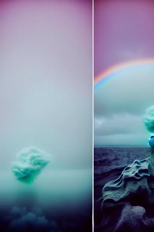 Image similar to high quality pastel coloured film close up wide angle photograph of a model wearing clothing swimming on cloud furniture in a icelandic black rock!! environment in a partially haze filled dreamstate world. three point light, rainbow. photographic production. art directed. pastel colours. volumetric clouds. pastel gradient overlay. waves glitch artefacts. extreme facial clarity. 8 k. filmic.