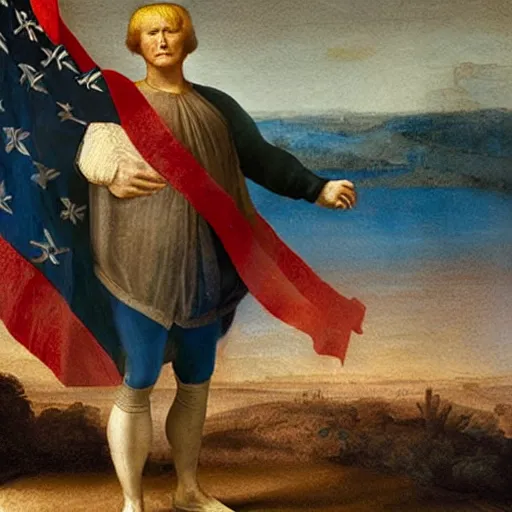 Image similar to Painting of donald trump holding american flag, by Leonardo da Vinci