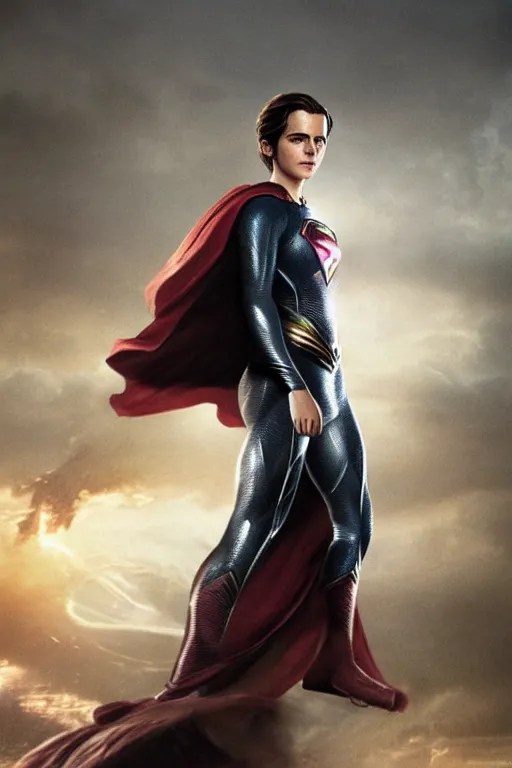 Image similar to a fancy close up of Man of Steel cast as Emma Watson by Greg Rutkowski, full body shot