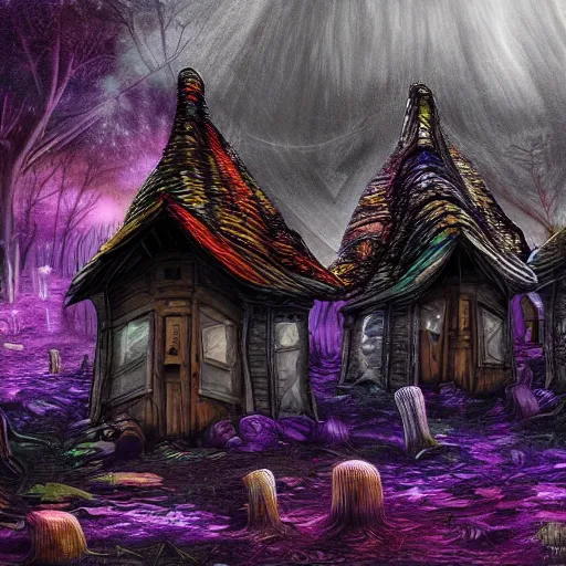 Image similar to psychedelic mushroom houses, post apocalyptic, dark fantasy, liminal space, dark paradise, digital art, 4 k