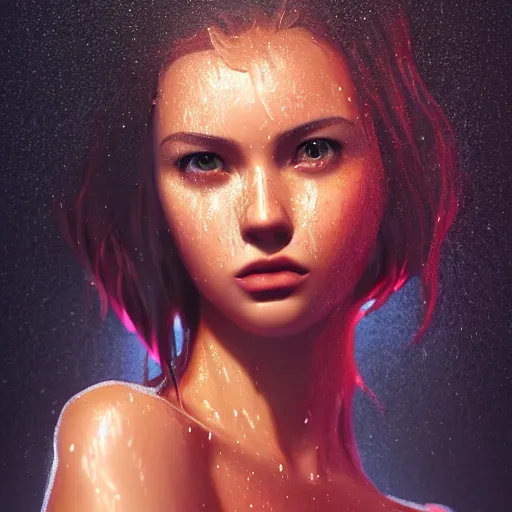 Prompt: A stunning portrait of sexy teen girl in a wet t-shirt, art by Artgerm and Ross Tran, vivid color palette, digital painting, 3D, octane render, highly detailed, particles, light effect, volumetric lighting, digital painting, artstation, concept art, smooth, sharp focus