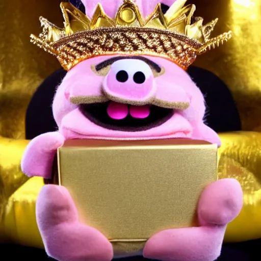 Image similar to pig wearing a gold crown depicted as a muppet holding box 8k