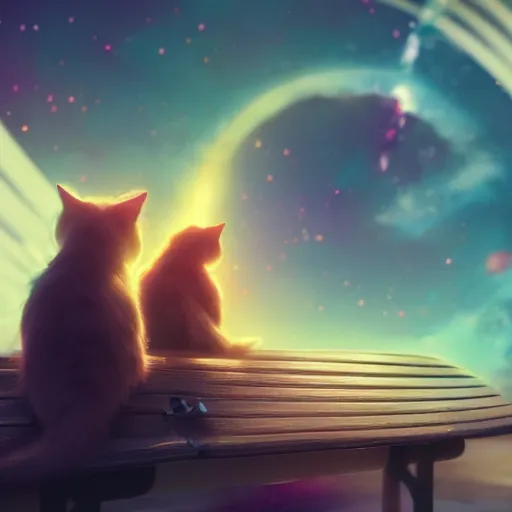 Prompt: cat sitting on a bench watching a black hole in the sky during day, highly detailed, warm colors, artstation, concept art, sharp focus, illustration, octane render, award winning, masterpiece, art by studio 4