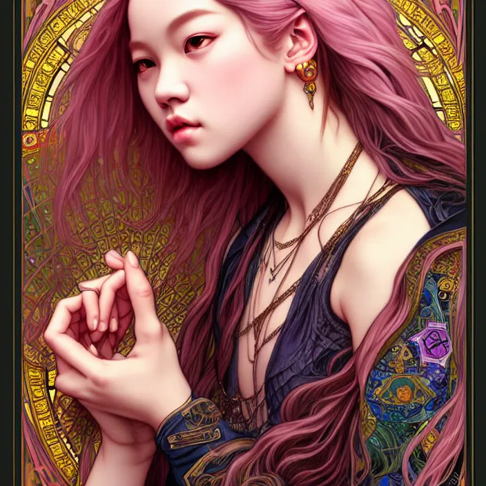 Image similar to jossi of blackpink, king, tarot card, highly detailed, digital painting, smooth, sharp focus, illustration, ultra realistic, 8 k, art by artgerm and alphonse mucha