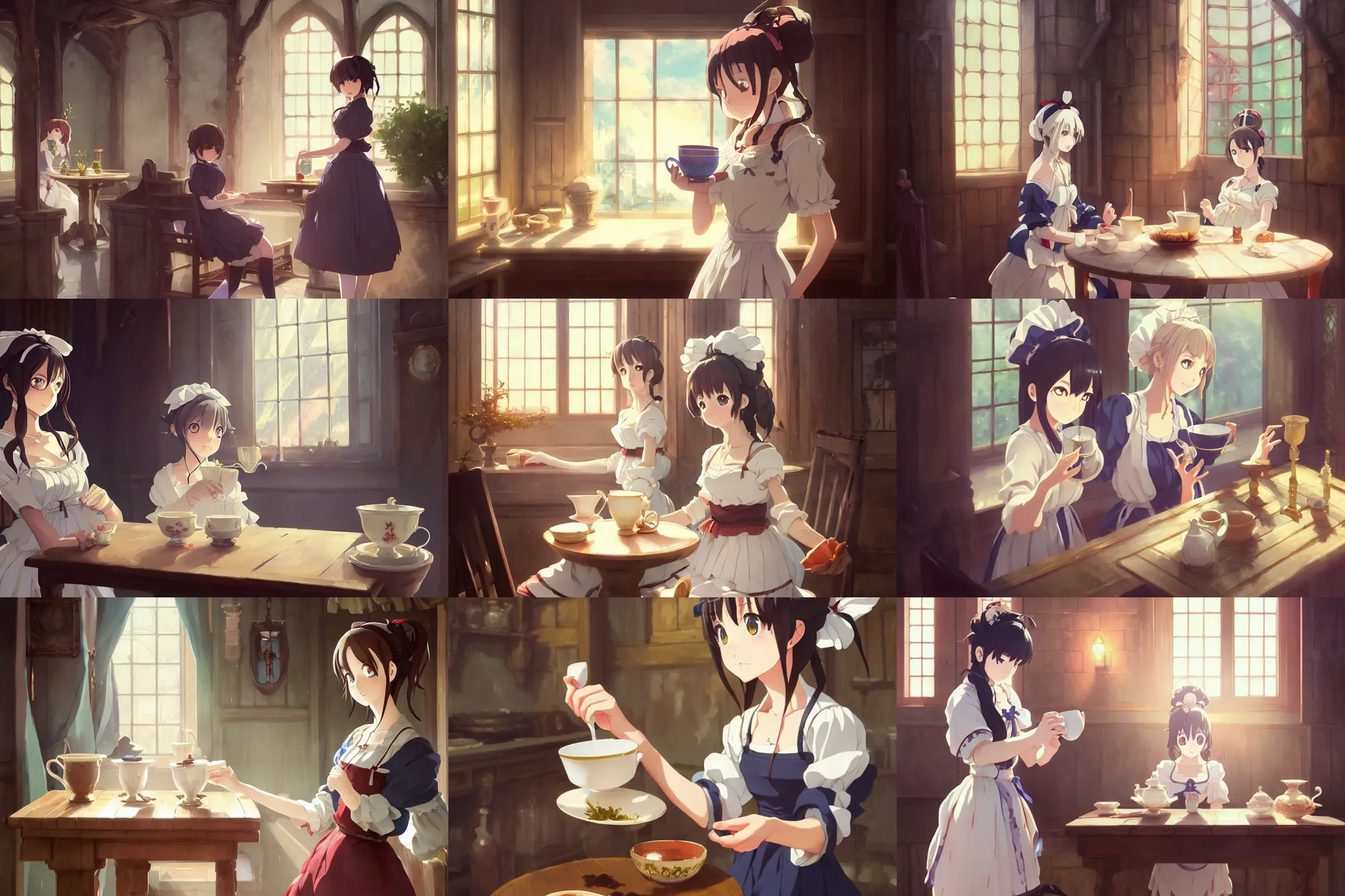 Prompt: cute - fine - face, pretty face, key visual, anime key visual concept art of anime maid pouring tea gracefully, medieval european style noble manor interior, trending on artstation, brush strokes, oil on canvas, style of kawacy and makoto shinkai and greg rutkowski and studio ghibli