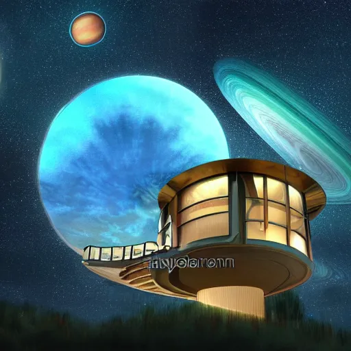 Prompt: fancy futuristic treehouse style mansion with smooth metal and domed roof, high with view of saturn rings and jupiter on space nebula galaxy background, detailed luminescent oil painting 4 k