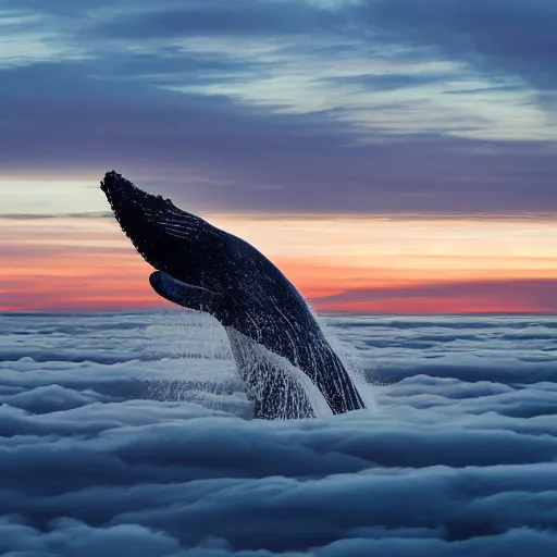 Prompt: a whale flying in the clouds at twilight