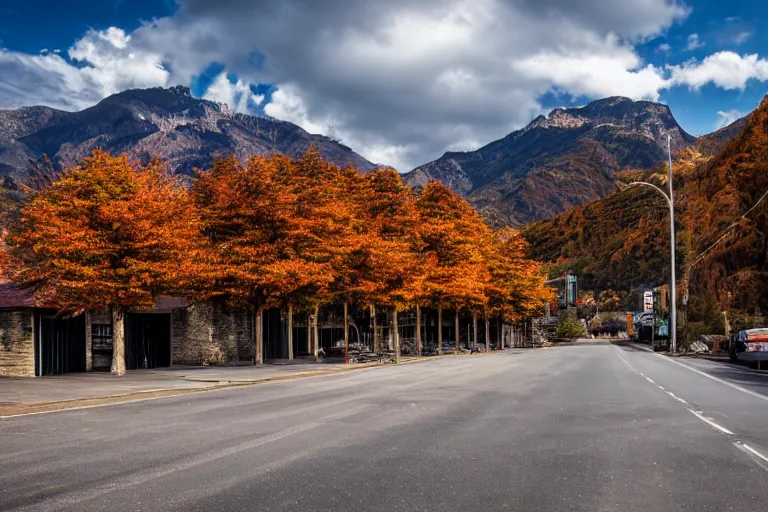 Image similar to warehouses lining a street, with an autumn mountain directly behind, lens compressed, photography