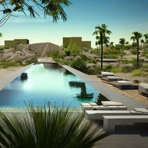 Image similar to architectural rendering of habitat 6 7 in the desert, biophilia mood, pool, garden, highly detailed, cinematic,