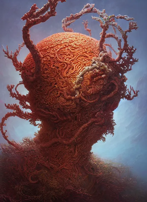 Prompt: Helmet of a forgotten Deity, corals, ribbons of seaweed, extremly detailed digital painting, in the style of Tomasz Alen Kopera and Fenghua Zhong and Peter Mohrbacher, mystical colors, rim light, beautiful lighting, 8k, stunning scene, raytracing, octane, trending on artstation