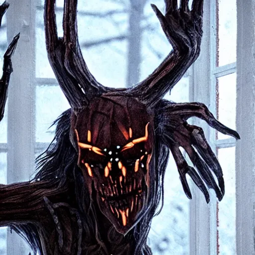 Image similar to wendigo on the outside of the window peaking in, spooky, realistic, clear, crisp, sharp, detailed