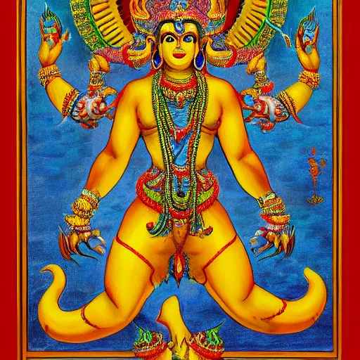 Image similar to A portrait of a Vishnu demon, four arms, very coherent symmetrical artwork ultra HD, 4k