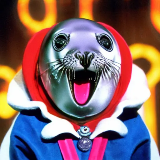 Image similar to 8 0 s british game where a seal with microphone is the show host seals as contestants, the seal of fortune